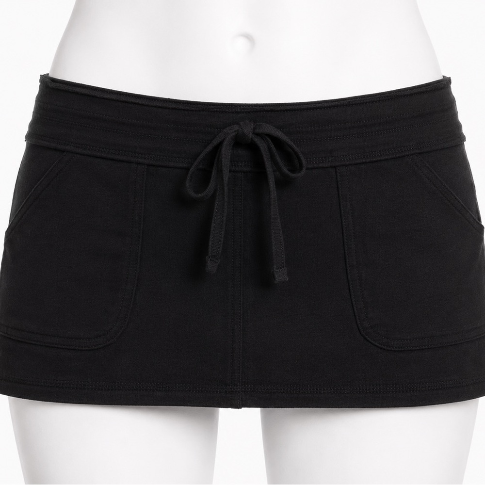 Y2K Minimalism, Black Micro Mini Skirt,Drawstring,Patch Pockets, Size S